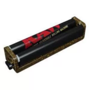 Black and gold roll of paper with red Rolling Papers on white surface.