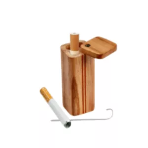 A wooden cigarette holder with a small wooden box on top for storing cigarettes and an opening on the bottom for inserting them.