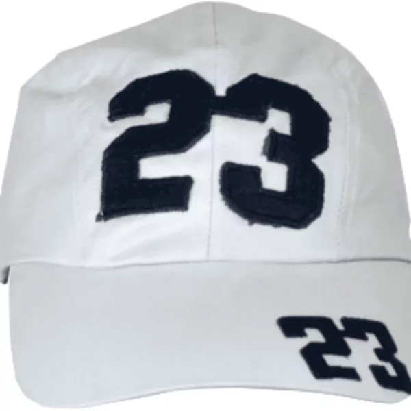 White cap with black numbers 23, blue team logo, flat bill, raised visor, black stitching, no adjustment, listed on smoking company website.