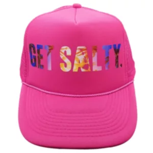 Mesh trucker hat with palm trees graphic, 'Get Salty' text, and flat brim.