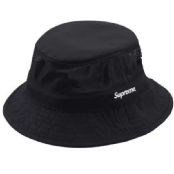 Supreme black bucket hat with white embroidered logo, wide brim, mesh lining, adjustable closure, and designed for warm weather wear.