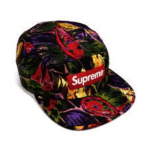 Floral patterned cap with Supreme logo on front, adjustable cotton strap, perfect for casual outings.