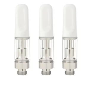 Three identical vaporizers with clear glass tubes and metal bases. Empty, silver finish. Cylindrical shape with flat base.