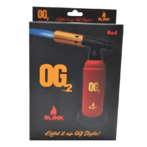 OG2 - Fire torch with red and orange flame in torch shape on black background. White label with 'OG2' on it.