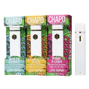 Three different colored cigarette boxes with unique logos: pink El Chapo Extrax, green PHC, and blue PHC 3g Disposable.