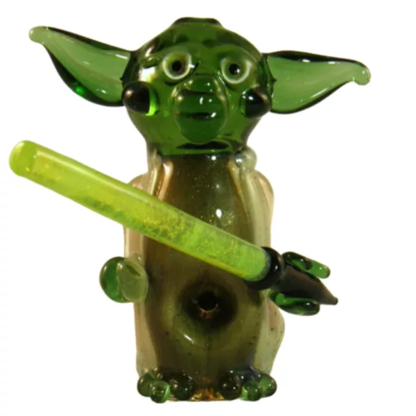 Star Wars-inspired Yoda glass smoking pipe with green color and small mouthpiece.