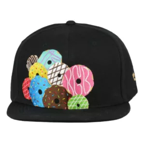 Black baseball cap with colorful doughnut design on front. Flat bill and adjustable strap at back. Image not clear enough to see details.