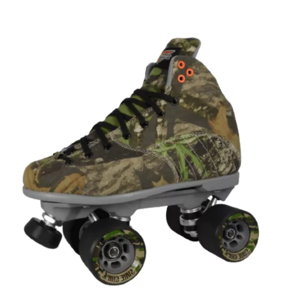 Camo-print roller skates with knot ties, suitable for indoor/outdoor use on durable AL749 model.