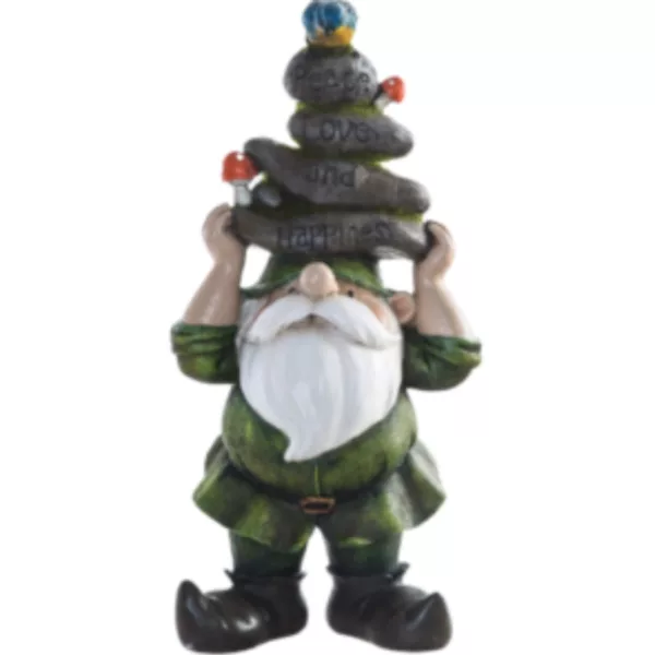 A green tunic-wearing gnome with a long white beard holds a stack of rocks on its shoulders, standing on a white background with an expressionless face and closed eyes.