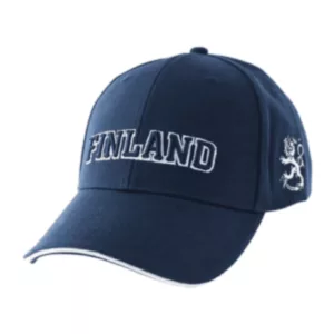 Navy blue baseball cap with white embroidery, company logo, and adjustable buckle. Designed for outdoor activities and has a comfortable fit. Flanders written on side.