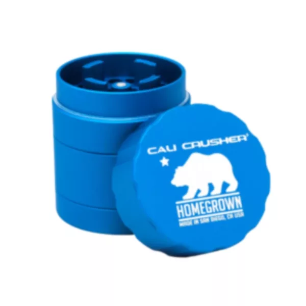 A blue plastic Cali Crusher grinder, with a round shape and white labeling, designed to showcase its durability and ease of use for cannabis users.