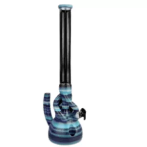 Modern, sleek waterpipe with unique blue and white striped glass design and small black bowl and base. Three small holes on base.