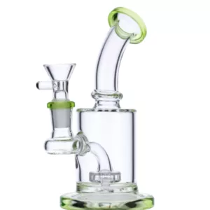 Long, transparent green glass water pipe with smooth surface and joint at top.