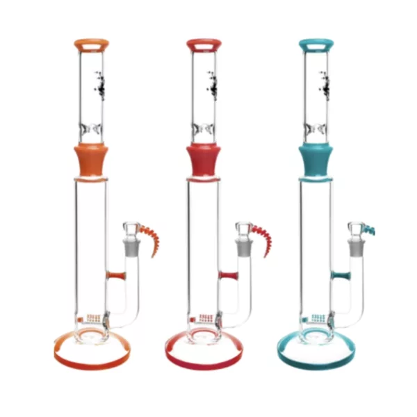 Three colorful glass water pipes with long necks and round bases, available in red, blue, and orange. Adorned with intricate patterns.