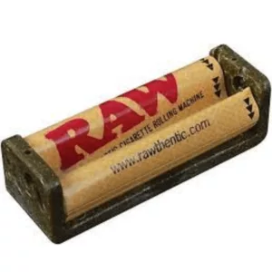 Raw's 70mm metal tobacco roller with rustic industrial design for rolling cigarettes.