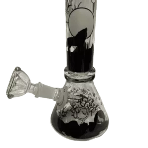 Glass bong with wolf silhouette, hexagonal shape, clear glass, black base and mouthpiece, small loop on mouthpiece, transparent stem.