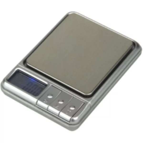 A small, silver pocket scale with a digital display and on/off button for measuring weight.