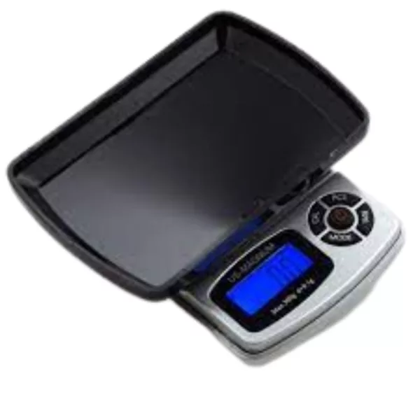 A portable electronic scale with a black casing and blue digital display for measuring object weight. Accurate measurements with a backlit display for easy reading.