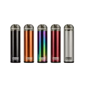 Modern and stylish vaping devices in silver, gold, and black. Sleek metallic design and four devices in a row.