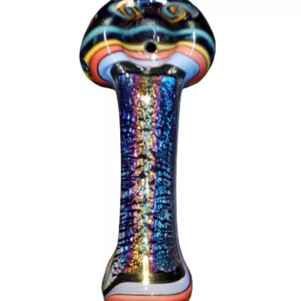 Colorful, intricate glass hand pipe with metallic finish and swirling rainbow designs. Tapered tip and elegant, futuristic design.