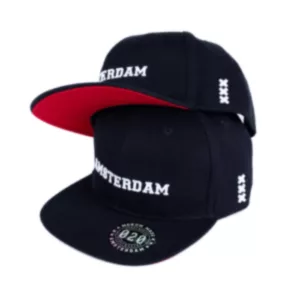 Black & white logo, red accent, flat bill baseball cap with 'Amsterdam' in white on front, black underbill & red trim around brim.