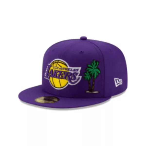 Los Angeles Lakers hat with purple color, white logo, and palm tree design. Adjustable closure and flat brim.