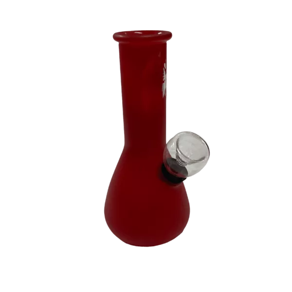 Small, compact red bong with clear glass and metal components, including a silver ring around the base of the tube.