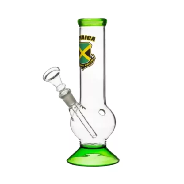 Standard glass bong with green stem and clear base for smoking herbs. Jamaican Glass HP - VSXY49.