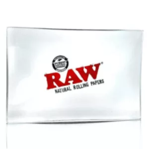 High-quality Small Double Thick Glass Rolling Tray with 'RAW' in red on front.