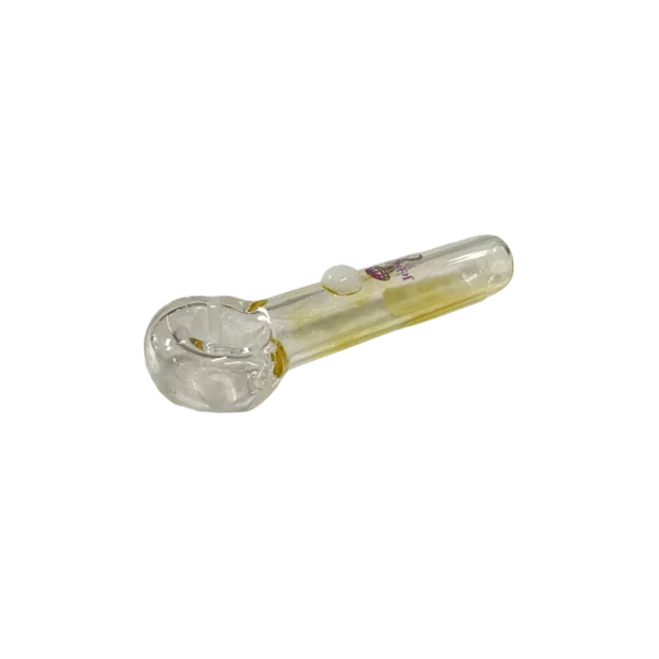 Clear glass pipe with small, white bowl and raised white ring with dot in center.