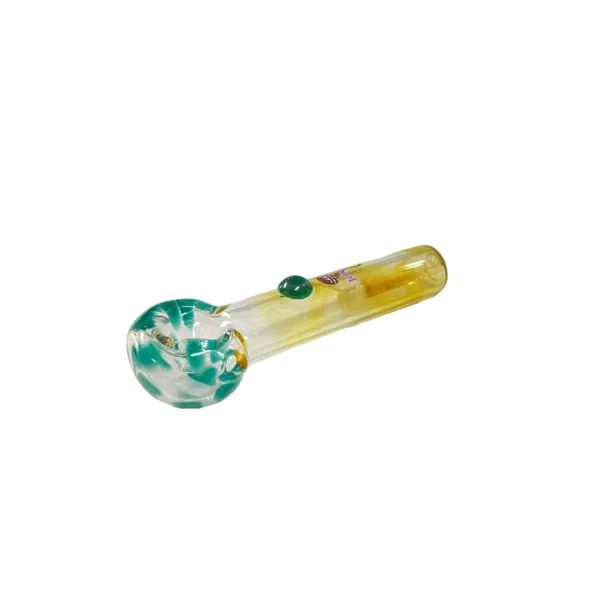 Clear glass pipe with yellow and green swirl pattern inside, resembling jellyfish.