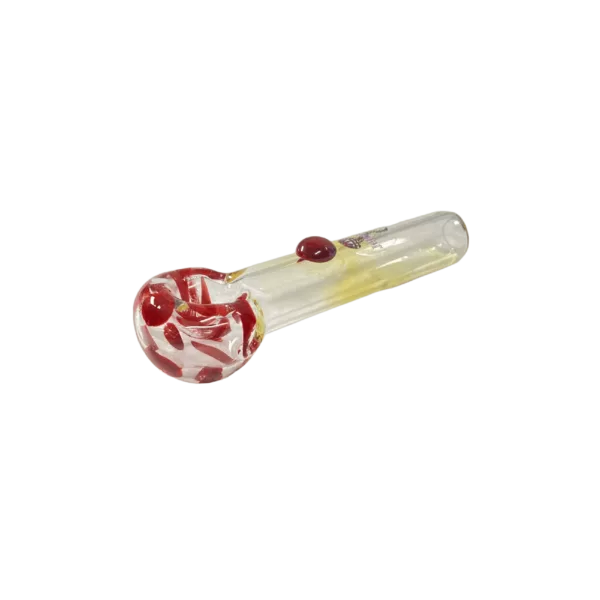 Handmade, colorful fumed dots glass pipe with circular bowl and clear stem.