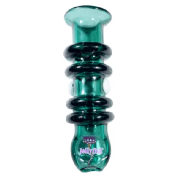 A unique green glass pipe with intricate concentric circles design.