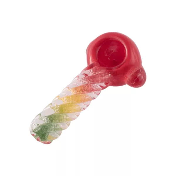 Red and green swirled glass pipe with small bowl shaped like a spiral. Clear glass and spiral handle with small hole at top. Sits on white surface. From Sand Spoon - JellyFish Glass.