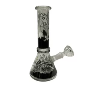 High-quality glass beaker with black and white wolf image on long-necked, wide-mouthed design.
