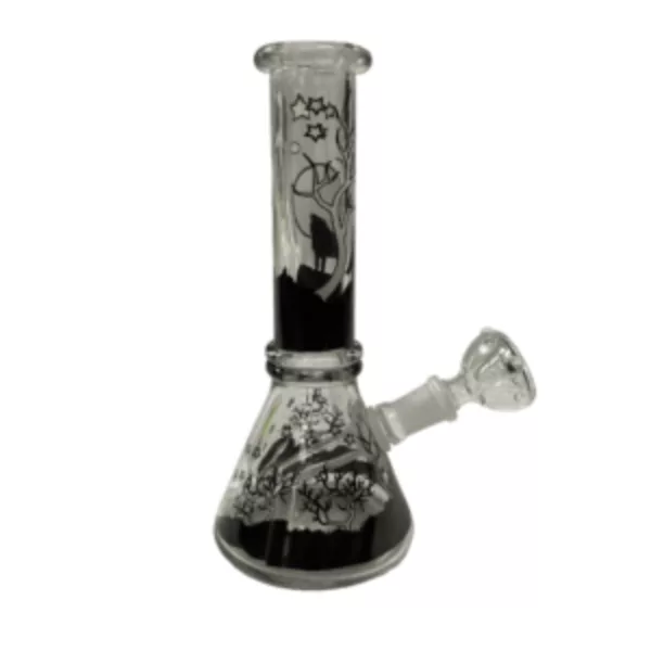 High-quality glass beaker with black and white wolf image on long-necked, wide-mouthed design.