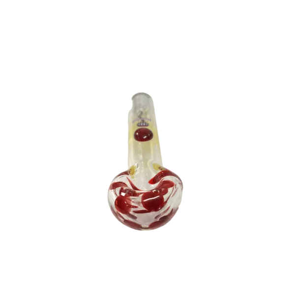 Elevate your smoking experience with the elegant Fumed Dots glass pipe from Jellyfish Glass. Features a red and white swirl design, a small bowl and stem, and a stylish knob on the metal stem.