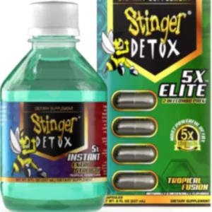 Green bottle with white label, Stinger in bold, Detox underneath. Bee image suggests honey-related product for weight loss and detox.