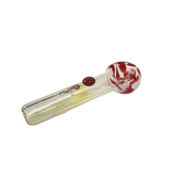 Clear tube with red & white stripes, small & large openings for liquid, sits on green background.