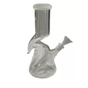 clear glass bong with a long, curved tube and a small hole at the end. It has a large, curved handle with a knob on top.