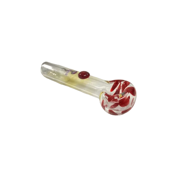 glass pipe with a red and white swirl design, called Fumed Dots - Jellyfish Glass. It has a clear glass body, a small bowl and stem, and is sitting on a green background.