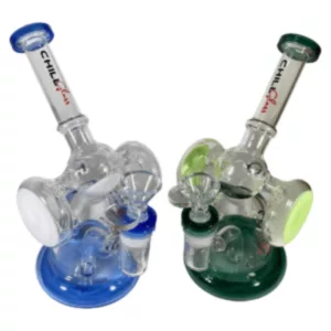 Glass beaker with blue/green base and clear globe on top. Both have small holes. Perfect for smoking.