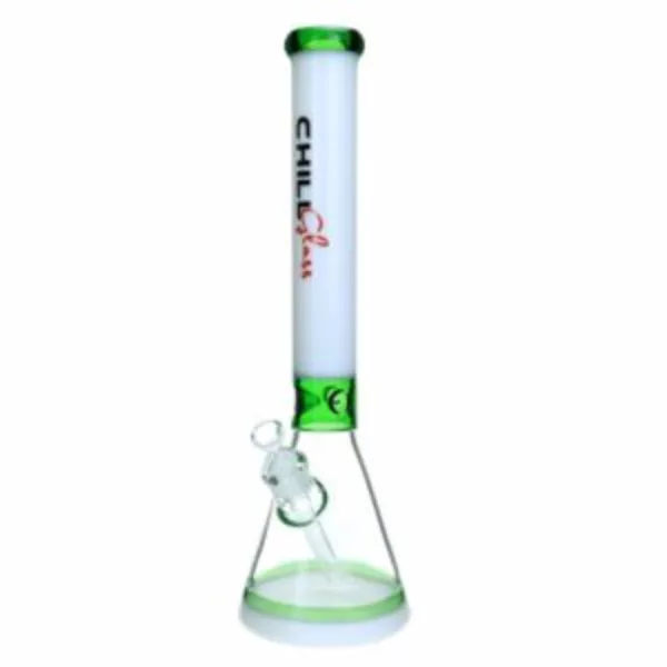 Double Whammy bong with green accents, clear plastic construction, dog bone mouthpiece, and raised circular design on base. Perfect for smoking.