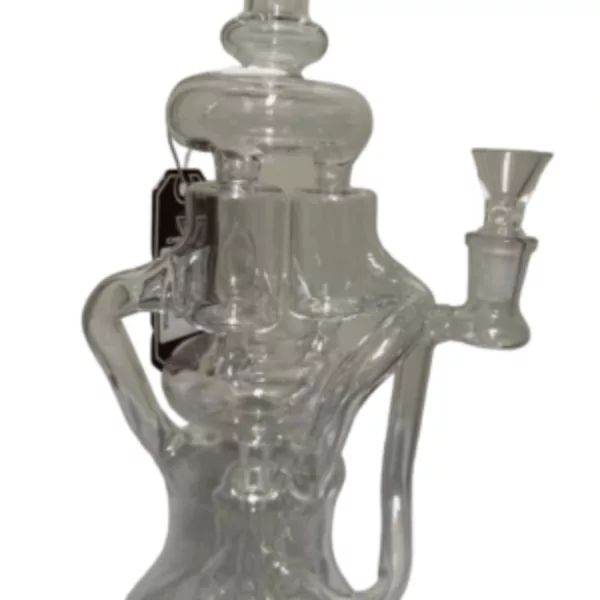Clear glass recycler pipe with metal handle and two small holes at base for easy cleaning.