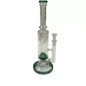 Green-accented glass bong with long neck and elongated mouthpiece for smoking.
