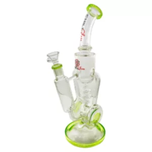 Stylish glass bubbler with metal stem and bowl, featuring green accents.