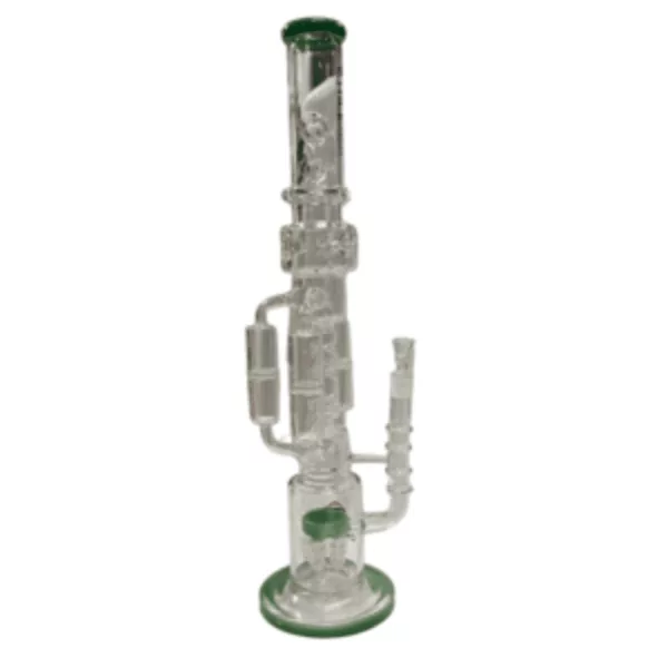 A clear glass bong with a green plastic handle and wooden stem, featuring a small bowl with a smoke entry hole. No other features or designs are visible.