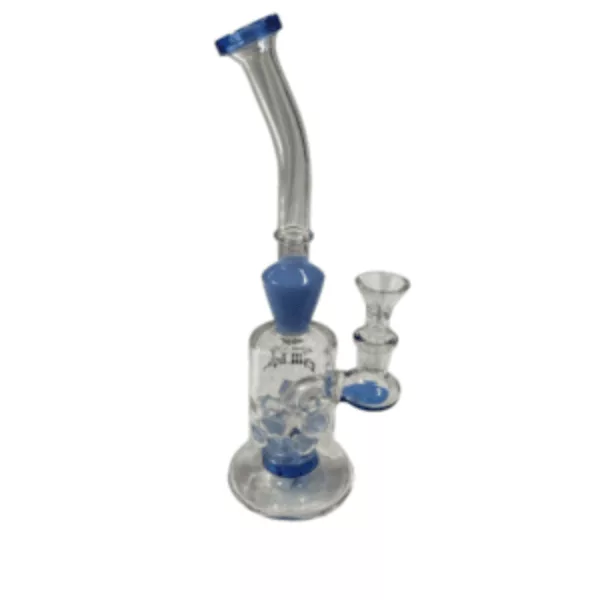 clear glass bong with a blue base and white trim, featuring a mouthpiece and downstem.