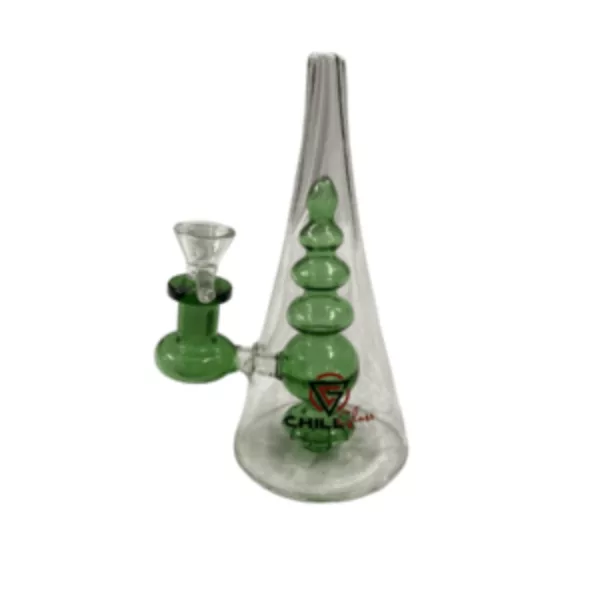 Glass bong with clear stem and green base. Features a curved stem, round base, and two holes for easy cleaning.