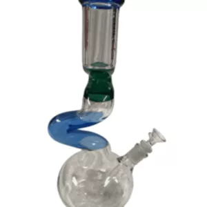 Glass bong with blue and green spiral design. Clear base and stem. Clear bowl with spiral design inside. White background.